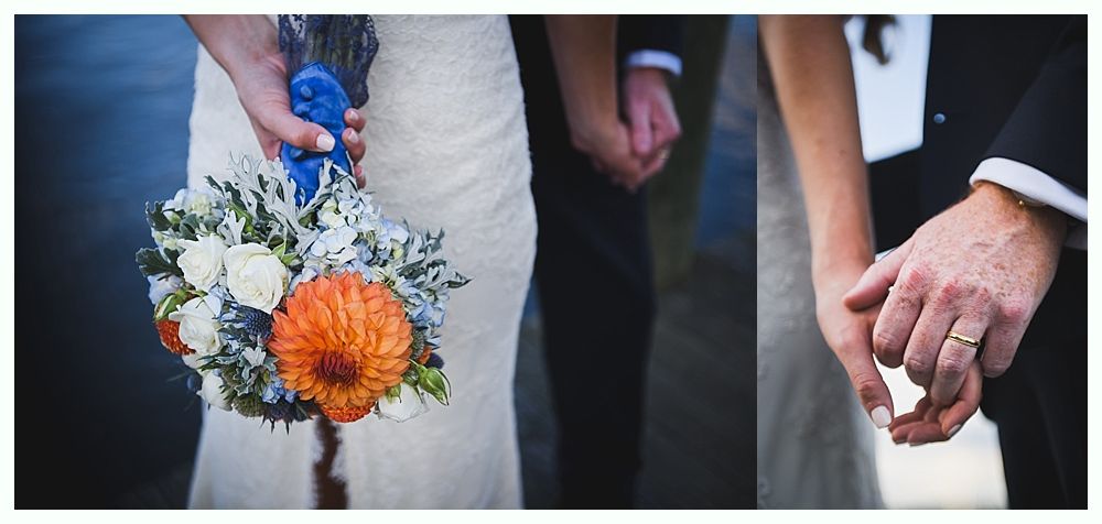 Bride holding bouquet, groom holding bride's hand, wedding rings visible.