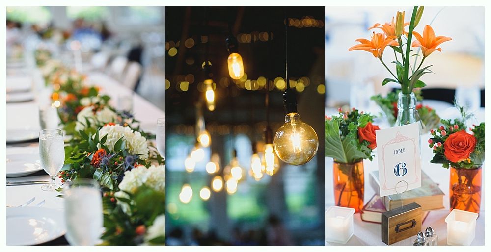 Wedding decorations: floral centerpieces on tables, hanging lights, and flower arrangements with table number.