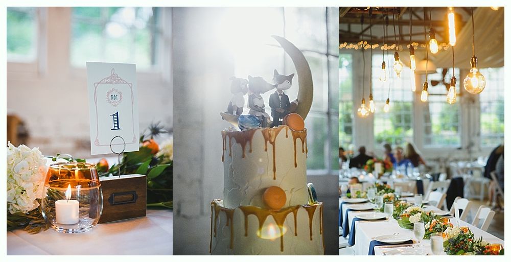 Wedding decorations: floral centerpieces on tables, hanging lights, and flower arrangements with table number.