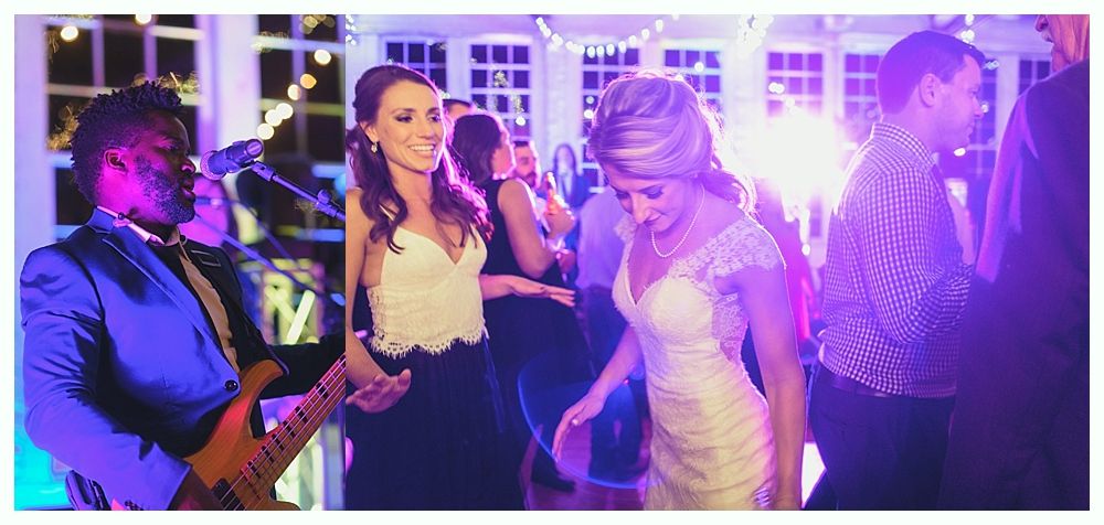 Band performing at wedding reception; bride dancing, people in background. Purple and blue lighting.