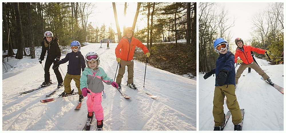 A group skis on a snowy trail in a forest, lit by the sun. People wear helmets and bright winter clothes.