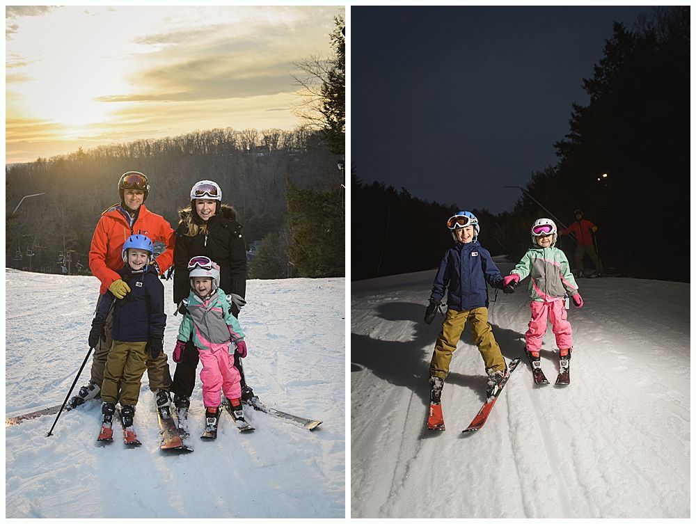 Family skiing on snowy slope, daytime. Parents and children pose; children skiing at night.