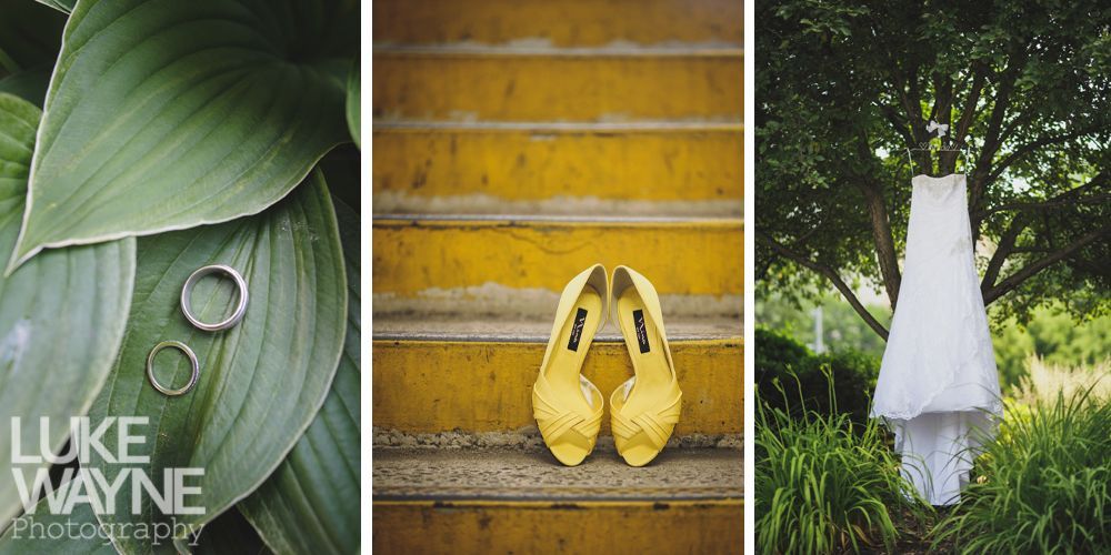 Wedding rings on a leaf, yellow shoes on stairs, and a dress hanging from a tree.