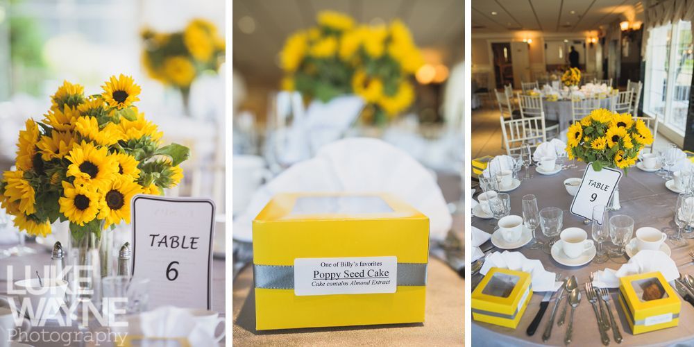 Wedding tables decorated with sunflowers, yellow boxes, and white linens.