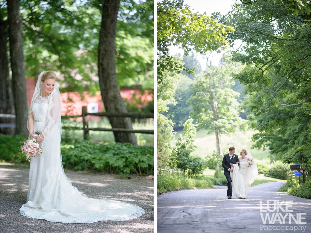 Bride in wedding dress, bouquet, walking outside near trees. Couple walks together down a path.