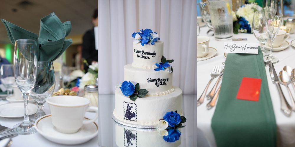 Bride and groom dancing, in a ballroom with draped windows. The groom wears a suit; the bride a strapless dress.