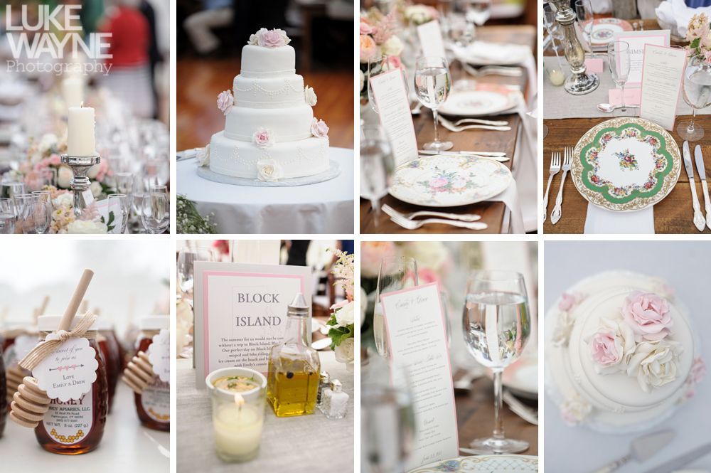 Wedding details: cake, table settings with floral china, honey favors, and small cake with flowers.