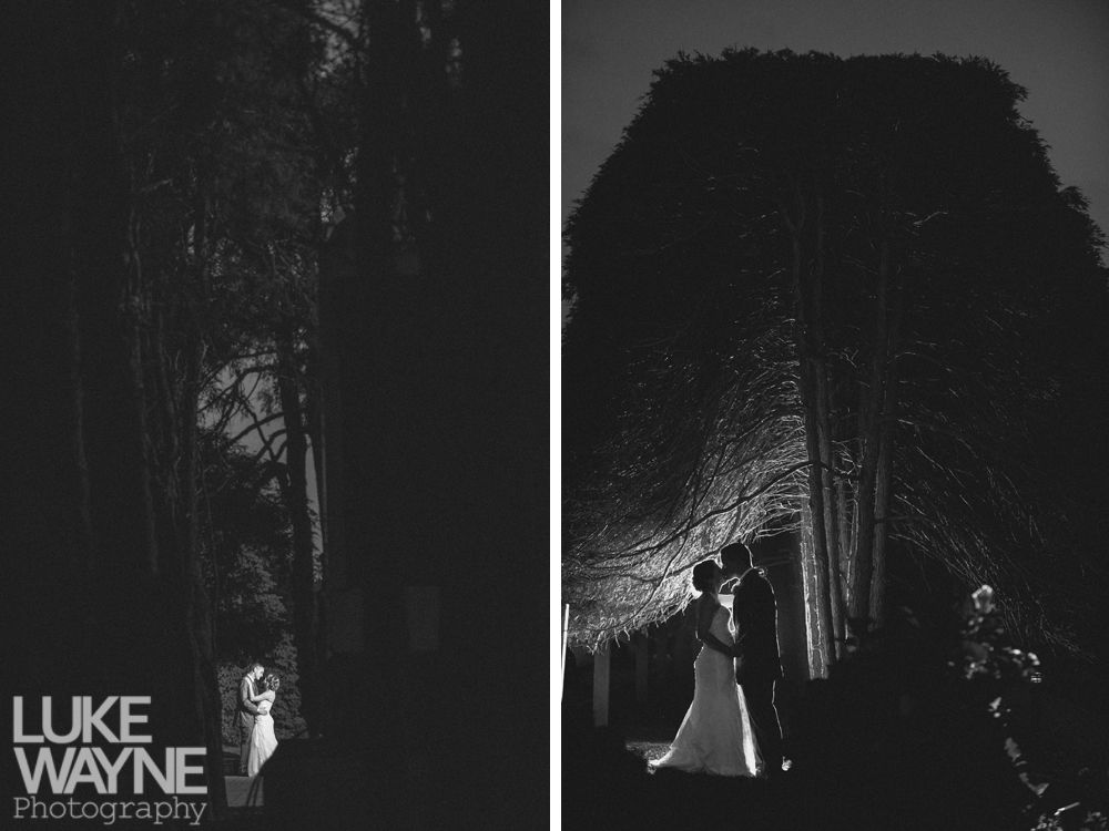Bride and groom embracing, silhouetted under a large tree, in black and white.