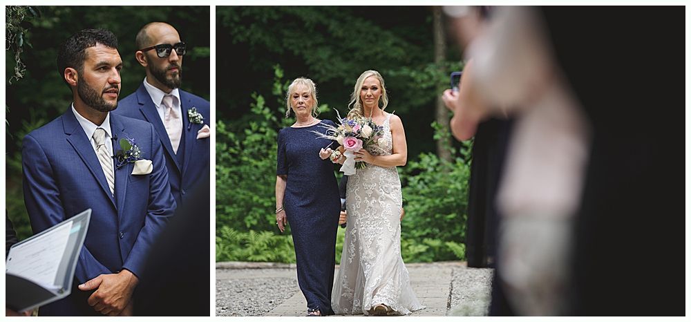 Newlyweds exiting outdoor wedding ceremony, holding hands, smiling. Wedding party applauds.