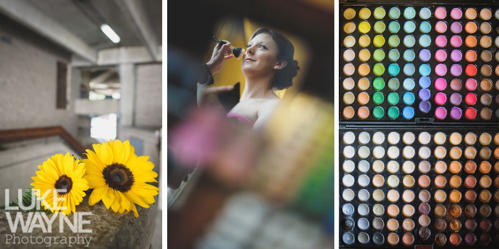 Three-part photo: sunflowers, woman sipping drink, and eyeshadow palette with many colors.