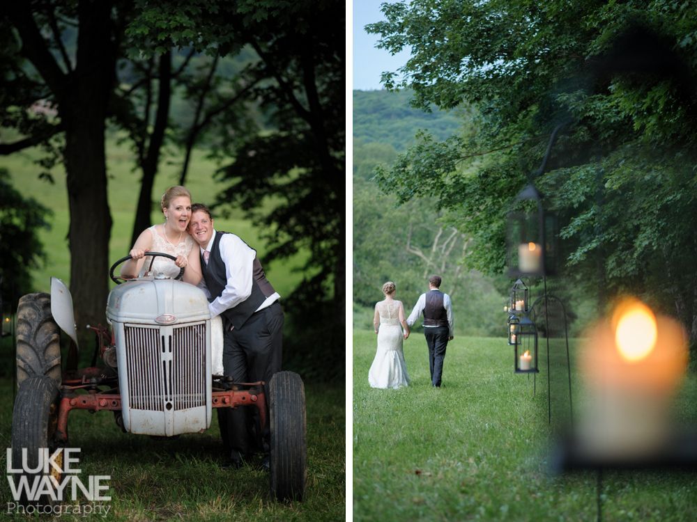 Couple posing on a tractor in a field and walking on a path with lanterns and candles.