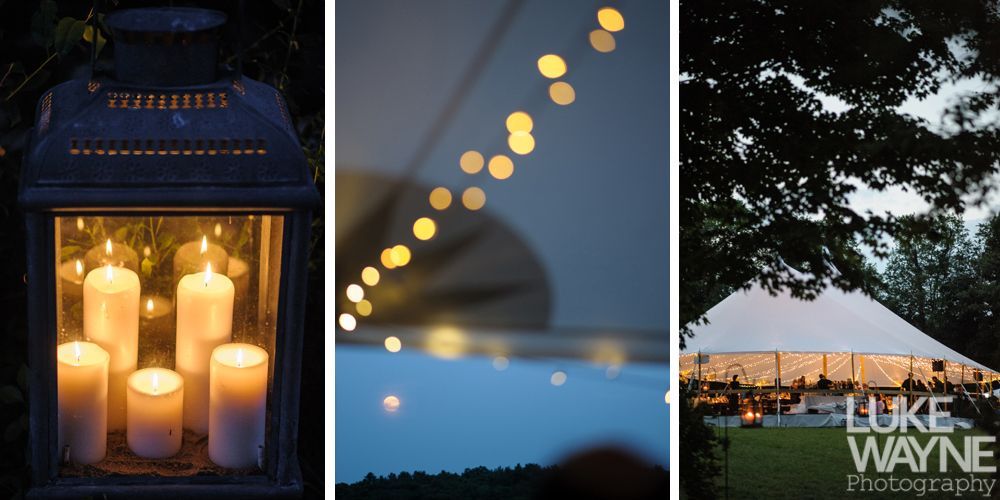 Three panels: candlelit lantern, bokeh lights, and event tent at dusk.