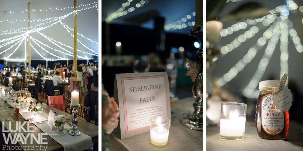 Wedding reception with string lights, tables with flowers, and candles. Honey jars and signs.