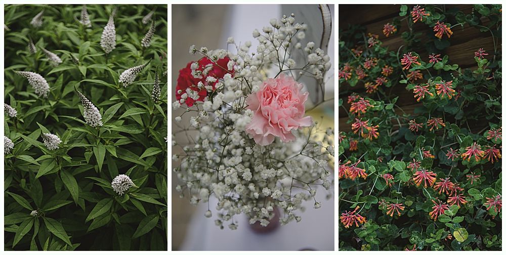 Bride and groom holding hands, smiling. She wears a white dress and veil, he wears a blue suit. Outdoors, near trees.