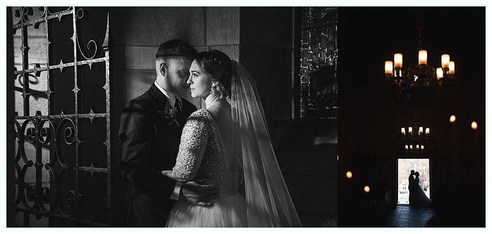 Woman in red gown throws bouquet at wedding reception. Man in suit reaches for it. Wooden interior.