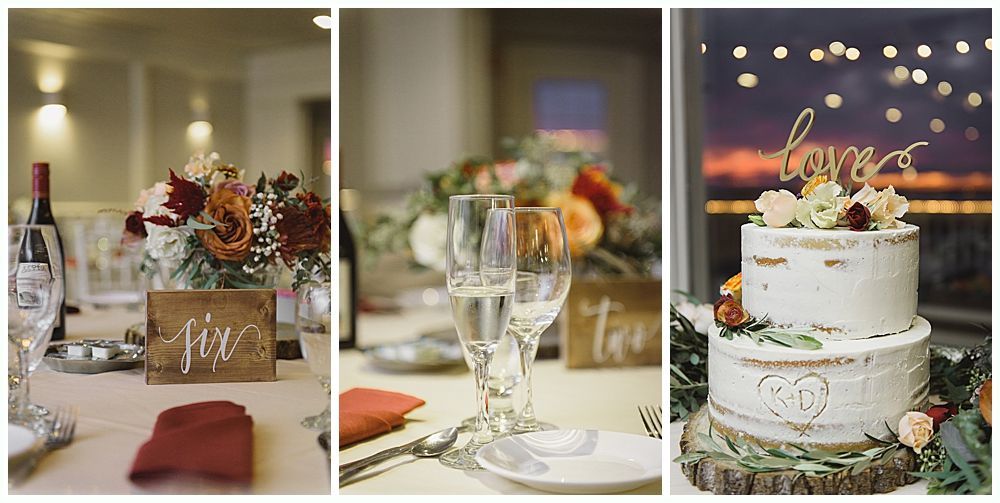 Woman in red gown throws bouquet at wedding reception. Man in suit reaches for it. Wooden interior.
