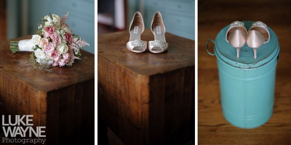 Wedding details: bouquet, shoes on a wooden block and heels on a teal metal container.