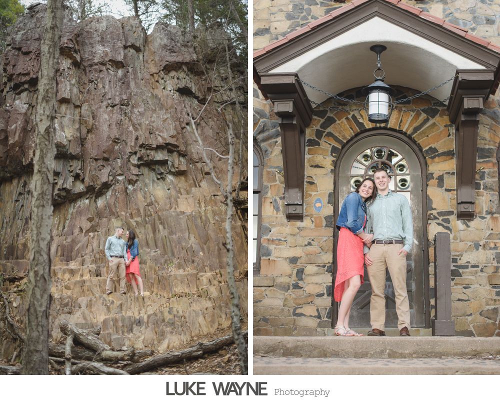 Couple poses at a rock face and arched stone doorway. Both wear denim jackets; woman in coral skirt.