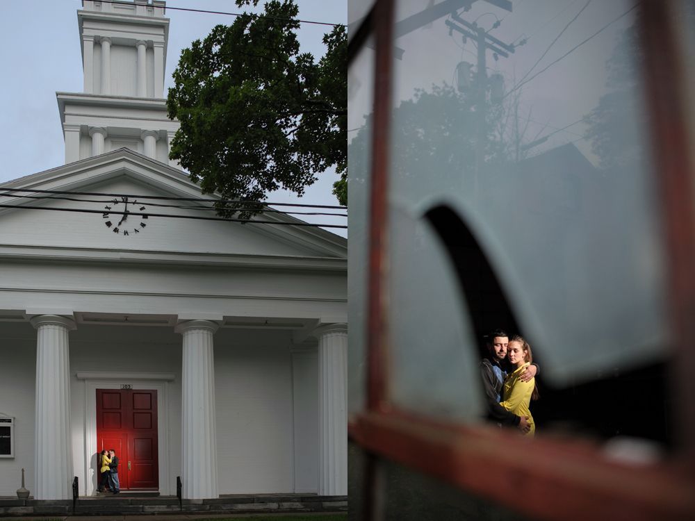 A bride is helped into her wedding dress. A bridesmaid fastens the corset back. The bride's shoes are visible.