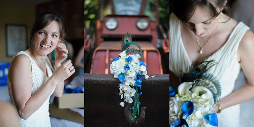 Bride facing camera, blurred. Two women, one smiling, one on phone, observe in a room.