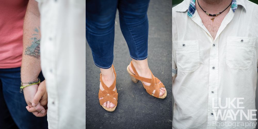 Three people in casual outfits: one holding hands, one wearing sandals, and one wearing a necklace.