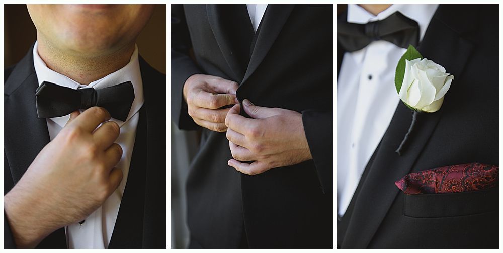 Bride in white dress with bridesmaids in red holding bouquets, smiling outdoors.