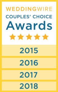 WeddingWire Couples' Choice Awards badge with gold stars, awarded from 2015 to 2018.