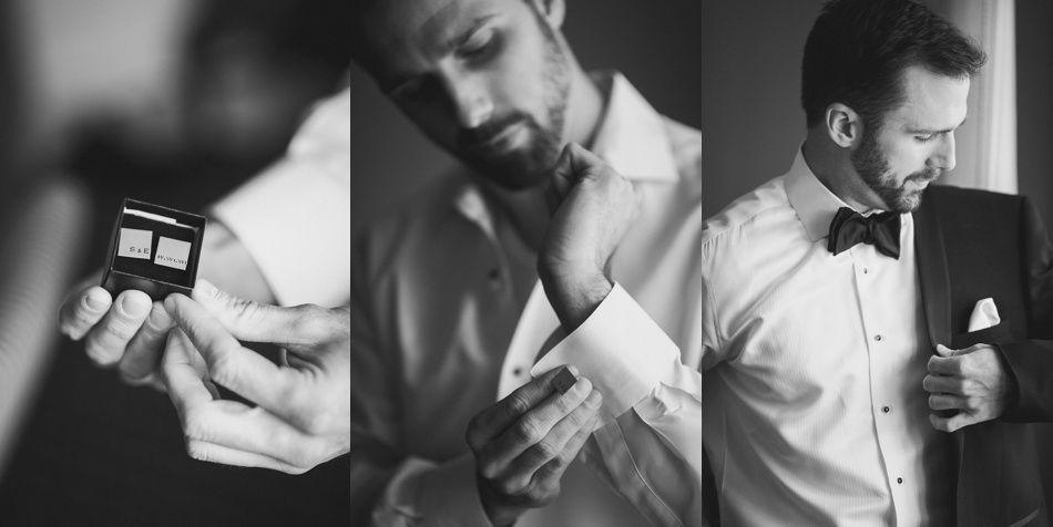 Bride and bridesmaids in navy dresses hold bouquets, posing outdoors.