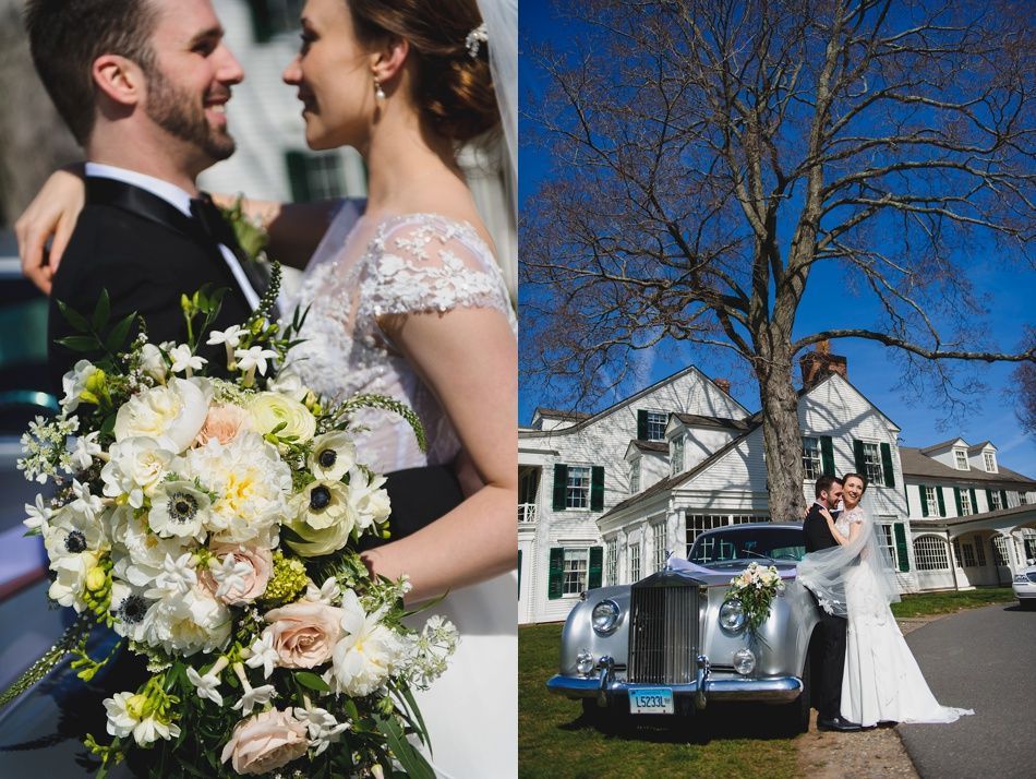Bride with arms up, making a funny face, groom looking at his hand, cake cutting in background.