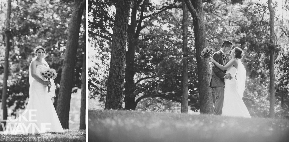 A bride poses alone, then a couple kisses among trees in a black and white wedding photo.