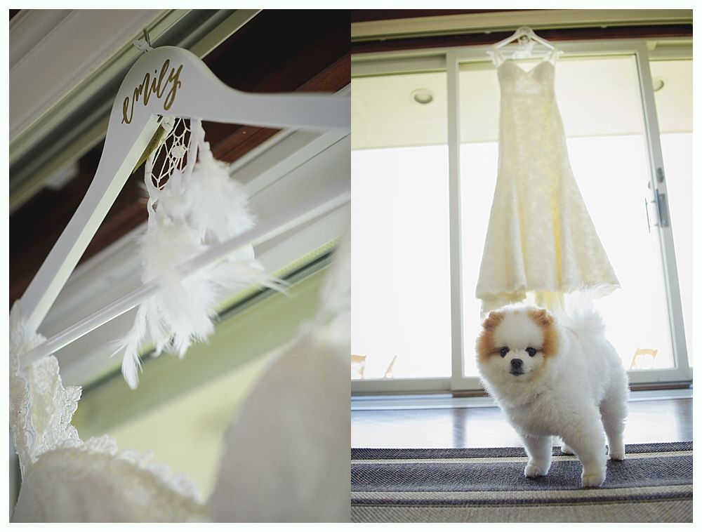 Couple on boardwalk by ocean, framed by beach plants under a blue sky with clouds.