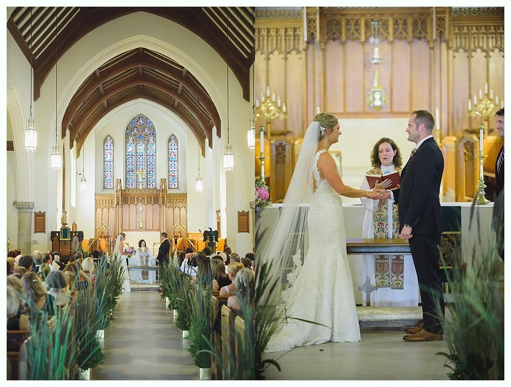 Bride with arms up, making a funny face, groom looking at his hand, cake cutting in background.