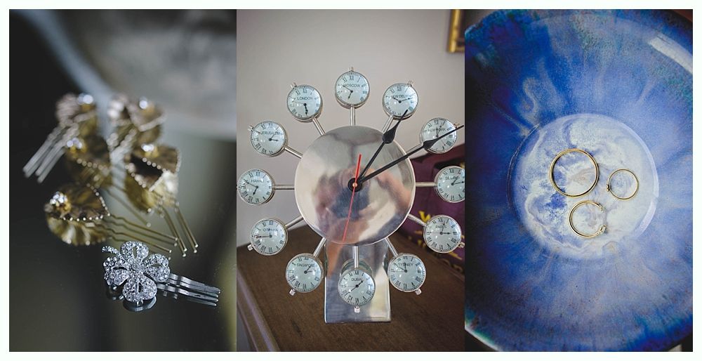 Groom and groomsmen on a beach, wearing suits. Groom in navy pants, others in khaki. All with blue ties, ocean in background.