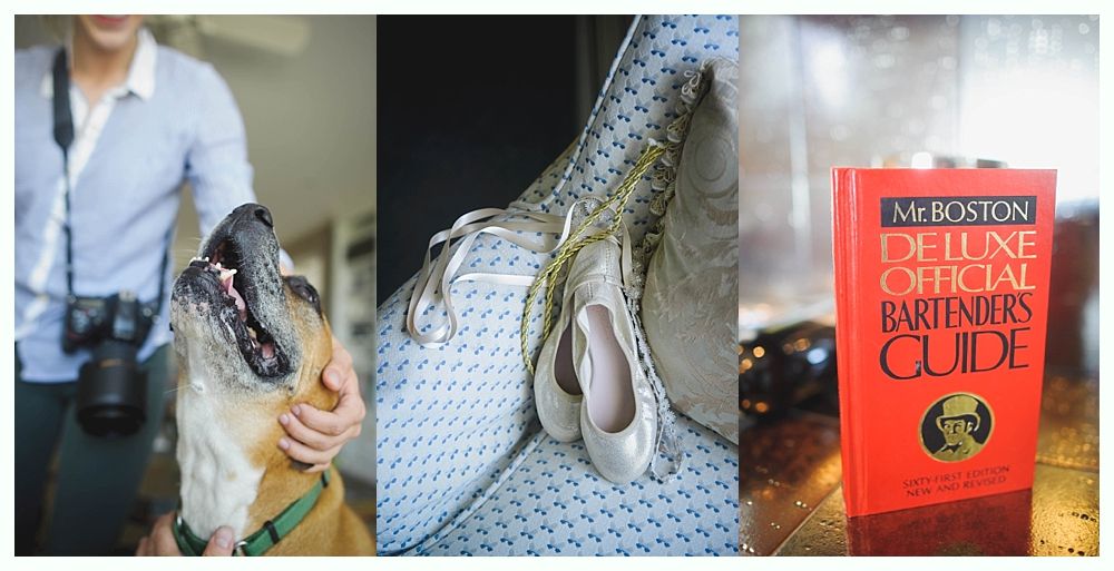 Bride and groom on rocky shoreline, ocean and blue sky background. Groom in suit, bride in white dress, looking at each other.