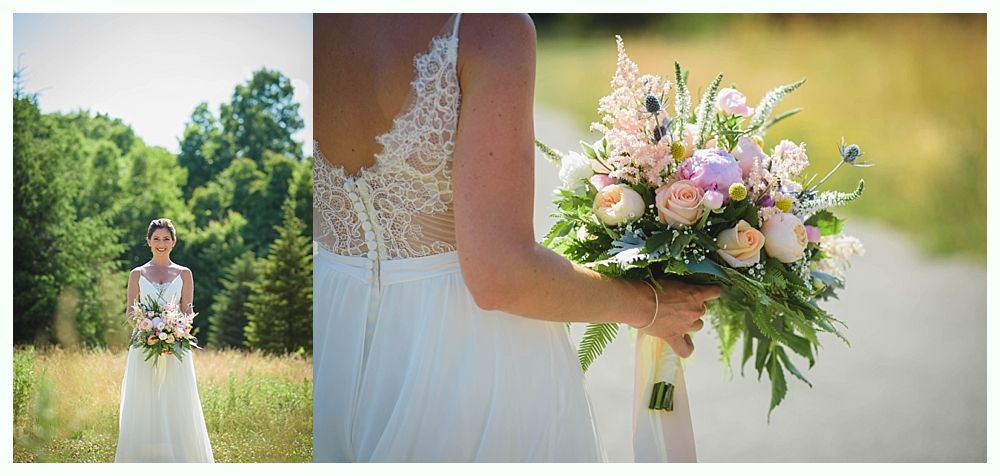 Bride with arms up, making a funny face, groom looking at his hand, cake cutting in background.