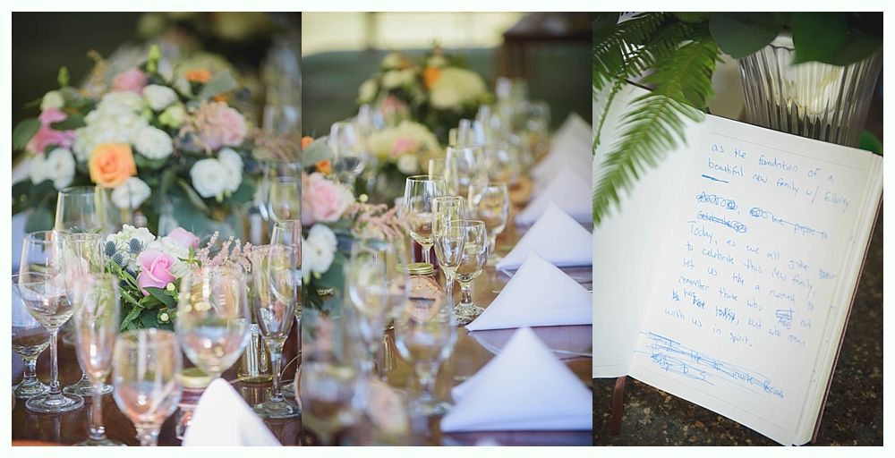 Bride with arms up, making a funny face, groom looking at his hand, cake cutting in background.