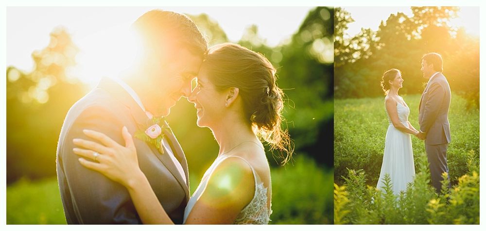 Bride with arms up, making a funny face, groom looking at his hand, cake cutting in background.