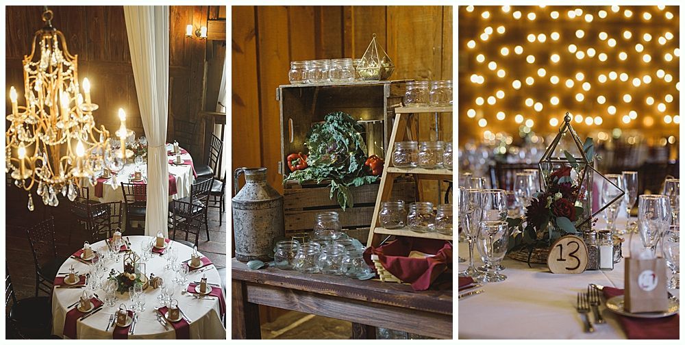 Triptych of wedding reception details: chandelier over table, drink station, and table setting with lights.