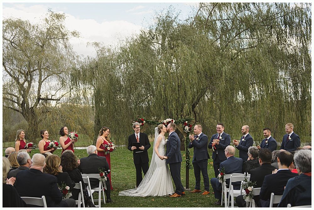 Wedding ceremony: Couple kissing at altar under weeping willow tree; bridal party and guests watching.