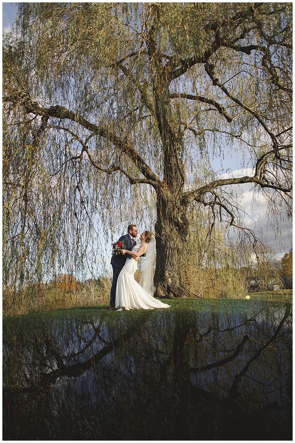 Couple in wedding attire embrace under a large weeping willow tree on a grassy hill.
