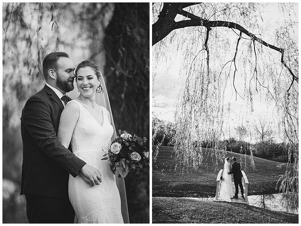 Wedding couple poses near trees, bride in a gown holds bouquet. One image shows them close, another shows them under a weeping willow.
