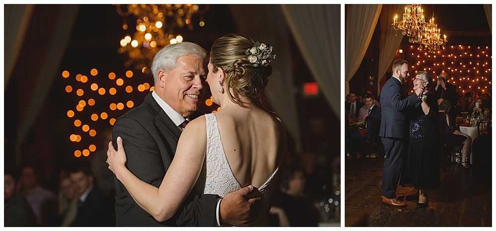 Father and daughter dancing at a wedding reception, lit by string lights and a chandelier.