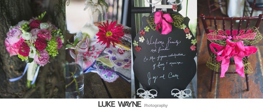 Floral arrangements and decorations: a bouquet, a chalkboard sign, and a decorated chair, all in pinks and greens.