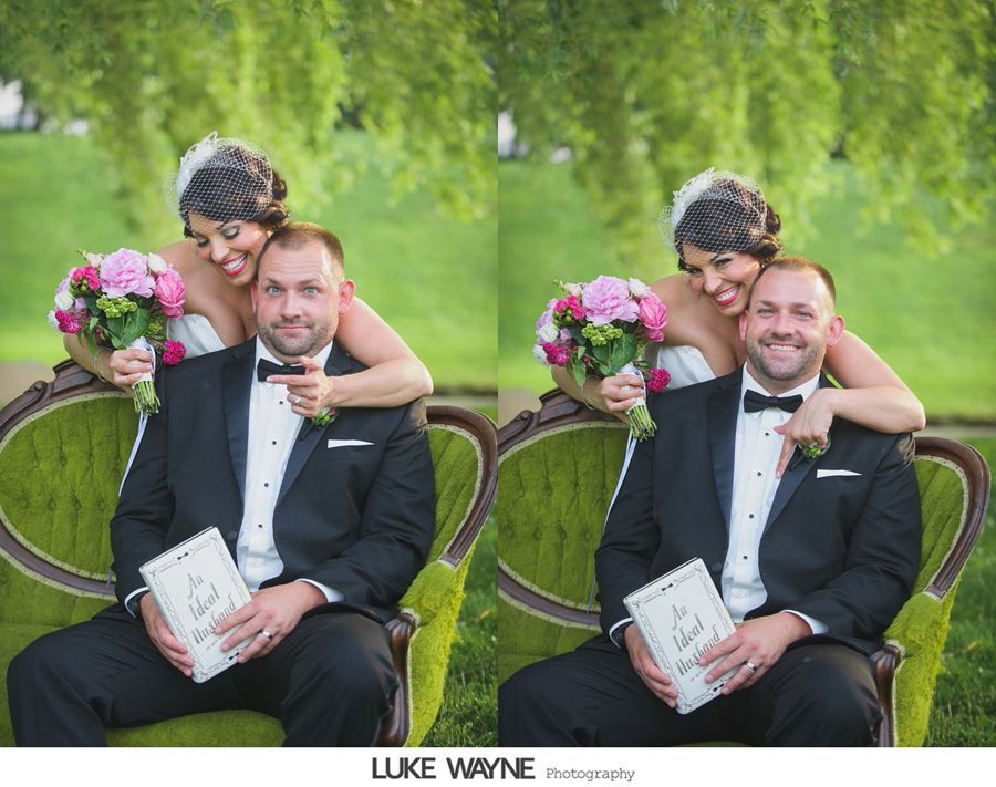 Bride and groom on a green sofa, bride with pink bouquet, groom pointing in first image, smiling in the second.