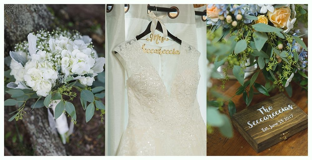 Wedding details: bouquet, dress on hanger, floral arrangement with box.