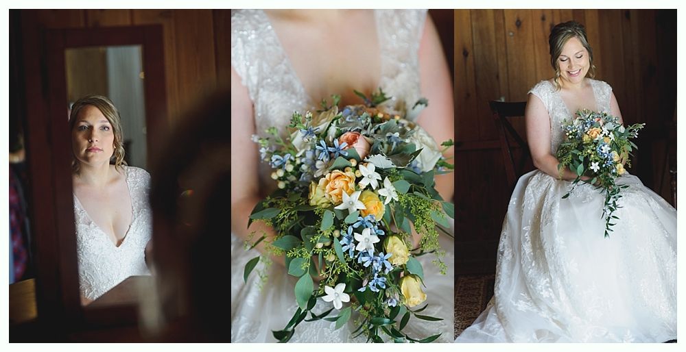 Wedding triptych: Bride in a lace gown with cascading bouquet, poses by a mirror and in a room.