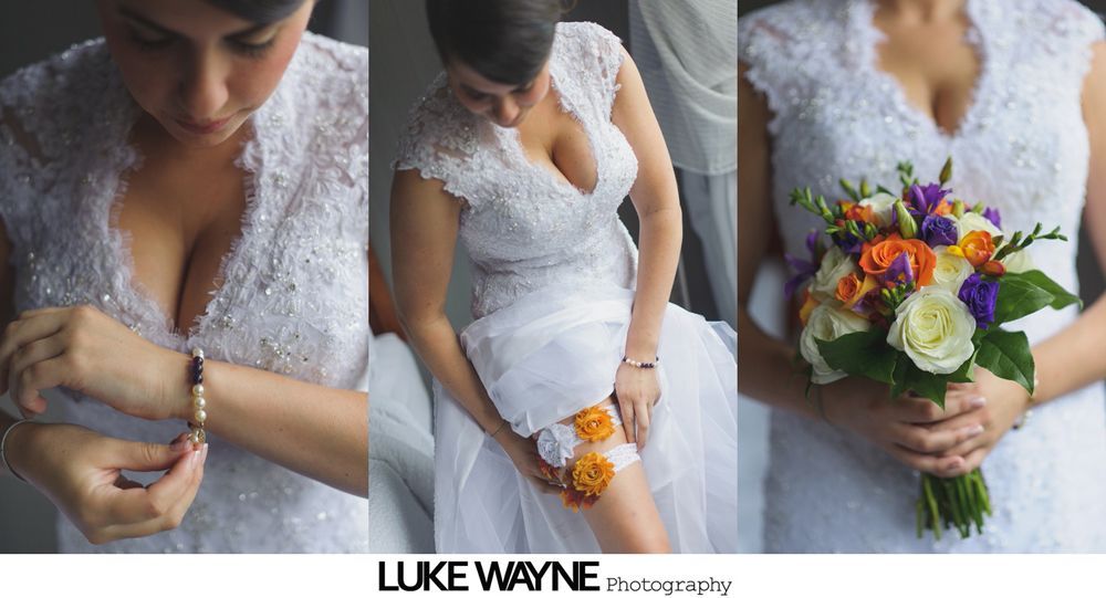 Bride in strapless gown holds colorful bouquet, smiles. Second image shows bouquet closer. Third image shows full dress reflected.