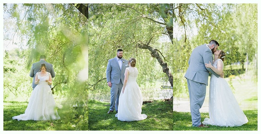 Bride and groom under willow tree, she in white dress, he in gray suit; kissing.
