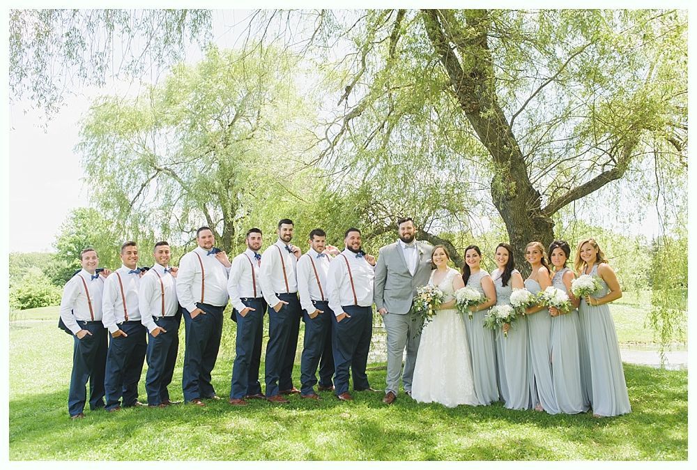 Wedding party posing outdoors under a tree; Groom in gray suit, bridesmaids in blue dresses, groomsmen in white shirts and suspenders.