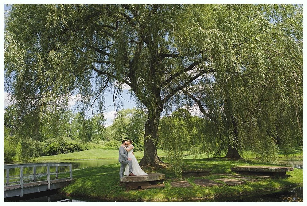 Couple embraces under a weeping willow tree near a small bridge and water.